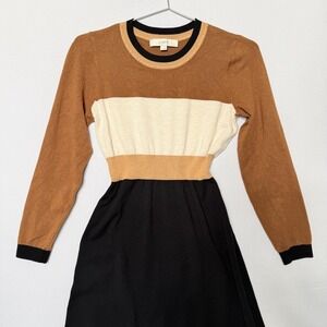 Colorblock Sweater Maxi Dress Womens Small S Brown Cream Black Knit Long Cozy
